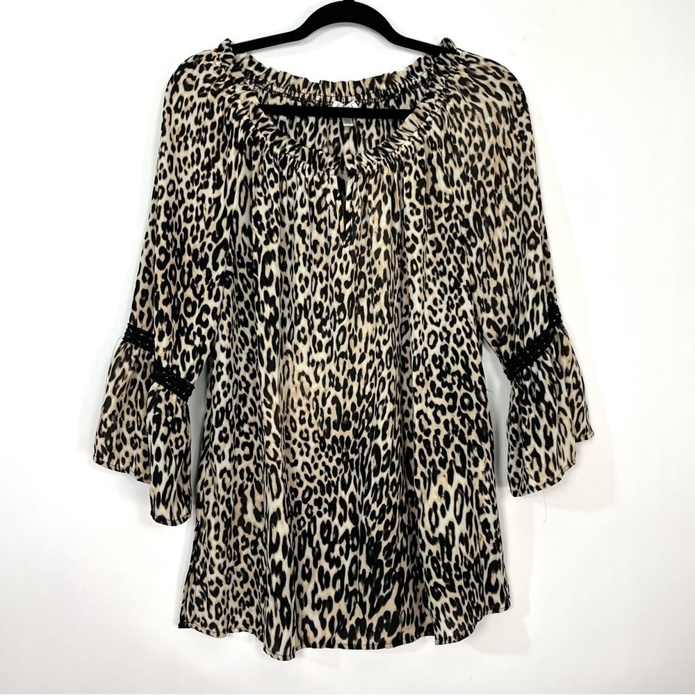 Spense Leopard Animal Print Ruffle 3/4 Sleeve Keyhole Fromt Blouse Sz Medium